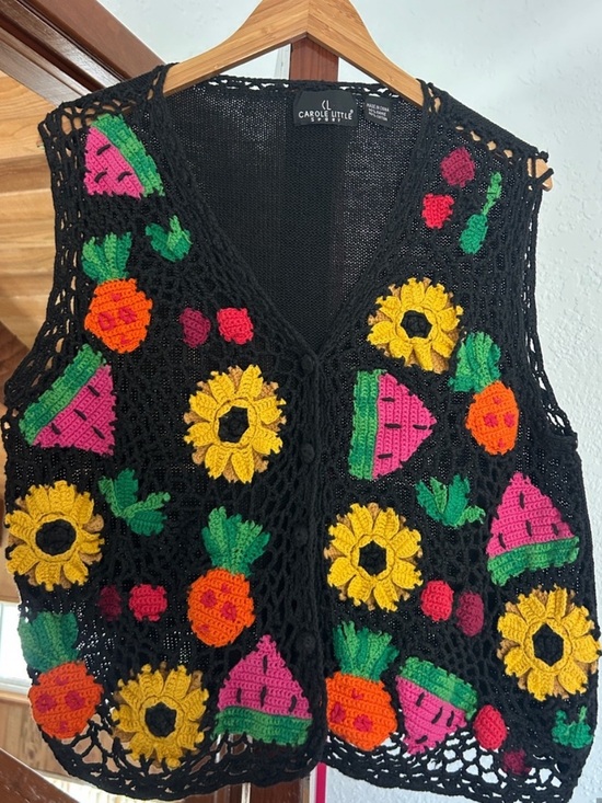 Vintage Sweaters - Vintage Carol Little Sport Black crochet Vest w/ flowers & fruit all over front